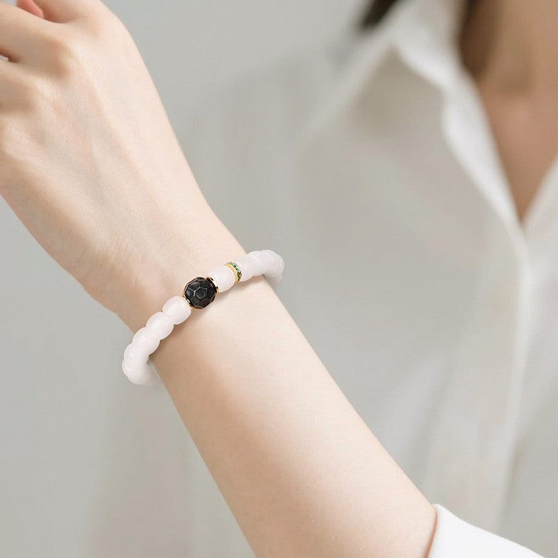 Custom-made White Hetian Jade Straight-cut Plain Bead Bracelet, Unisex Single-loop Jade Bangle