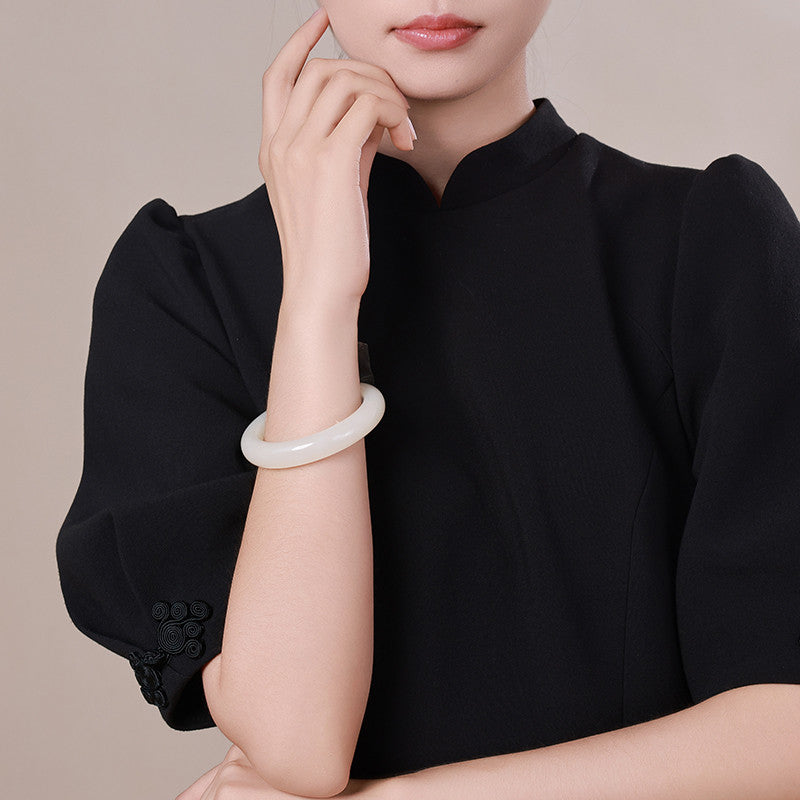 Elegant White Hetian Jade Peace Bangle for Women, Classic Jade Bracelet, Holiday Premium Gift, With Official Certificate & Collectible Value