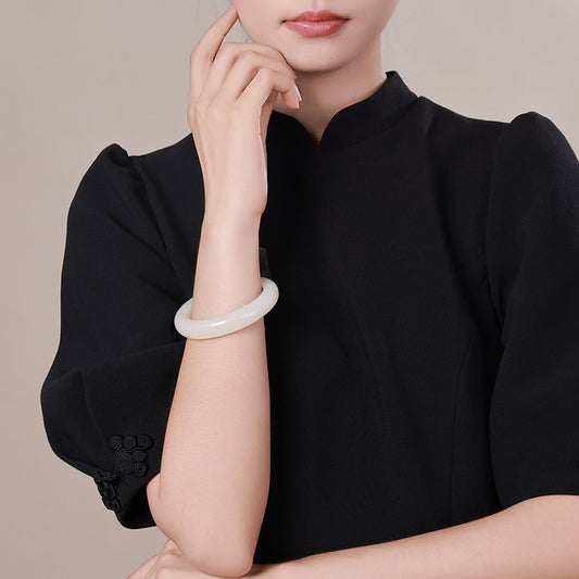 Elegant White Hetian Jade Peace Bangle for Women, Classic Jade Bracelet, Holiday Premium Gift, With Official Certificate & Collectible Value