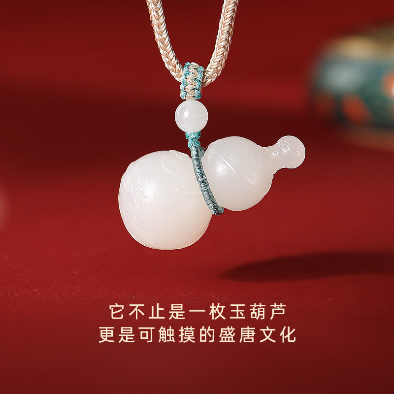 Tang Style Eight Auspicious Series Hetian Jade Fire Refuge Bead & Gourd Pendant, Blessing Ornament