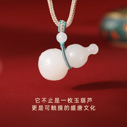 Tang Style Eight Auspicious Series Hetian Jade Fire Refuge Bead & Gourd Pendant, Blessing Ornament
