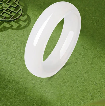 English: White Moonlight Wide Hetian White Jade Bangle, Heritage Jade Bracelet for Women, Certified & Collectible, Birthday Gift for Girlfriend & Mom
