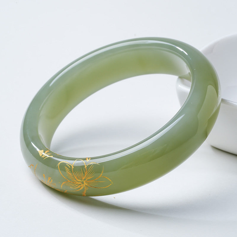 [Unique Piece] Women's Hetian Jade Bangle with Line Carving Craft, Gifts for Mom & Girlfriend, Multiple Styles Available