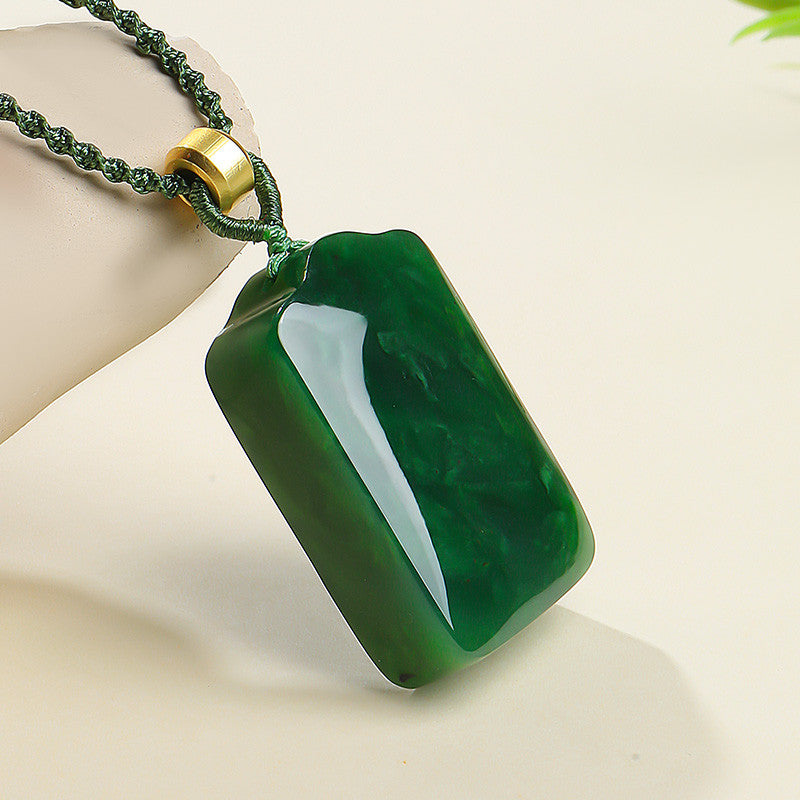 Spinach Green Hetian Jasper Plain Plaque Pendant for Women, No-Carve Peace Jade Holiday Gift