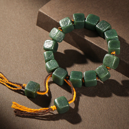 Dark Green Hetian Jade Bracelet for Men, Jade Beads with Brand Hand Rope, Holiday Gift