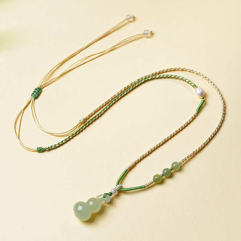 White & Lake Green Hetian Jade Small Gourd Pendant, Fortune Blessing Jade Charm