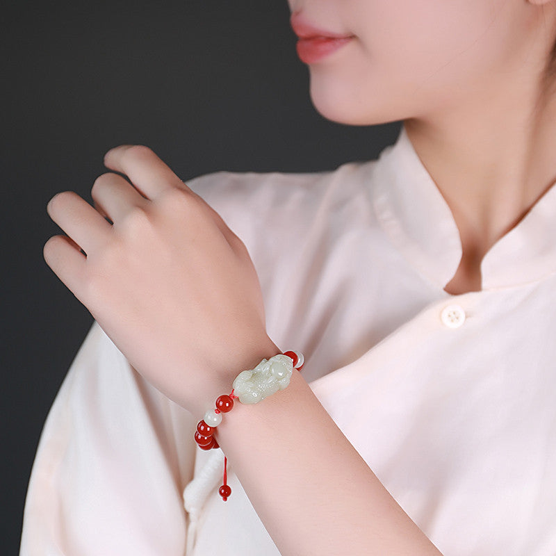 Hetian Jade Pixiu Bracelet, Adjustable Cord Single Loop Couple Bracelet for Men & Women