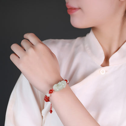 Hetian Jade Pixiu Bracelet, Adjustable Cord Single Loop Couple Bracelet for Men & Women