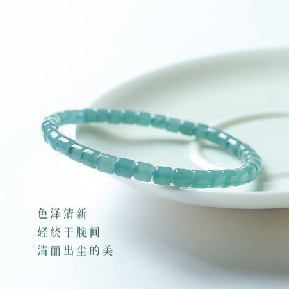 Women's Translucent Blue Water Emerald Barrel Bead Bracelet, Simple Lucky Loop Jade Bangle