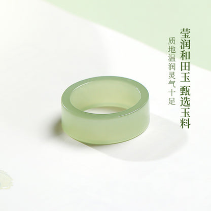 Straight-cut Square Icy Clear Water Light Cyan Hetian Jade Ring, Minimalist Premium Plain Ring, Festival Gift