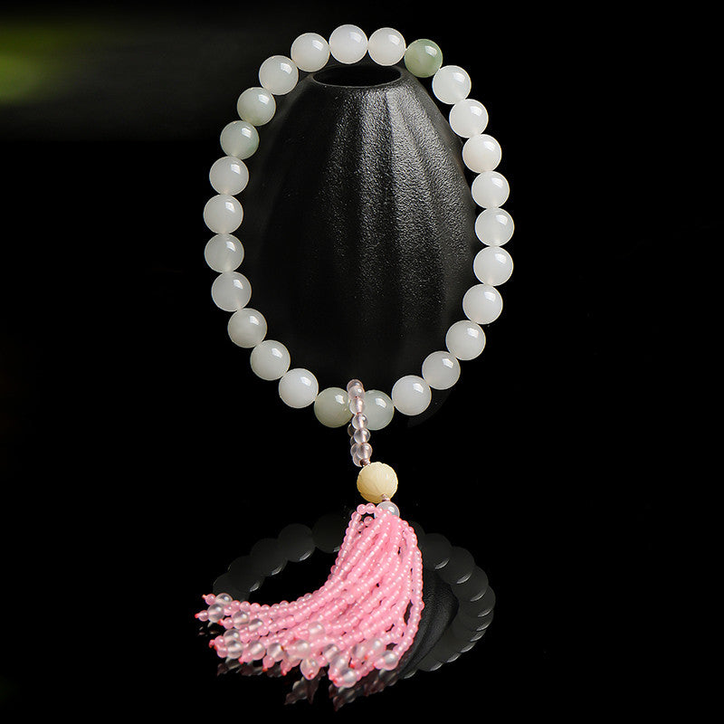 Tianshan Green Jade Bracelet & Handheld Ornament, Round Beads with Tassel, Fresh Style Gift