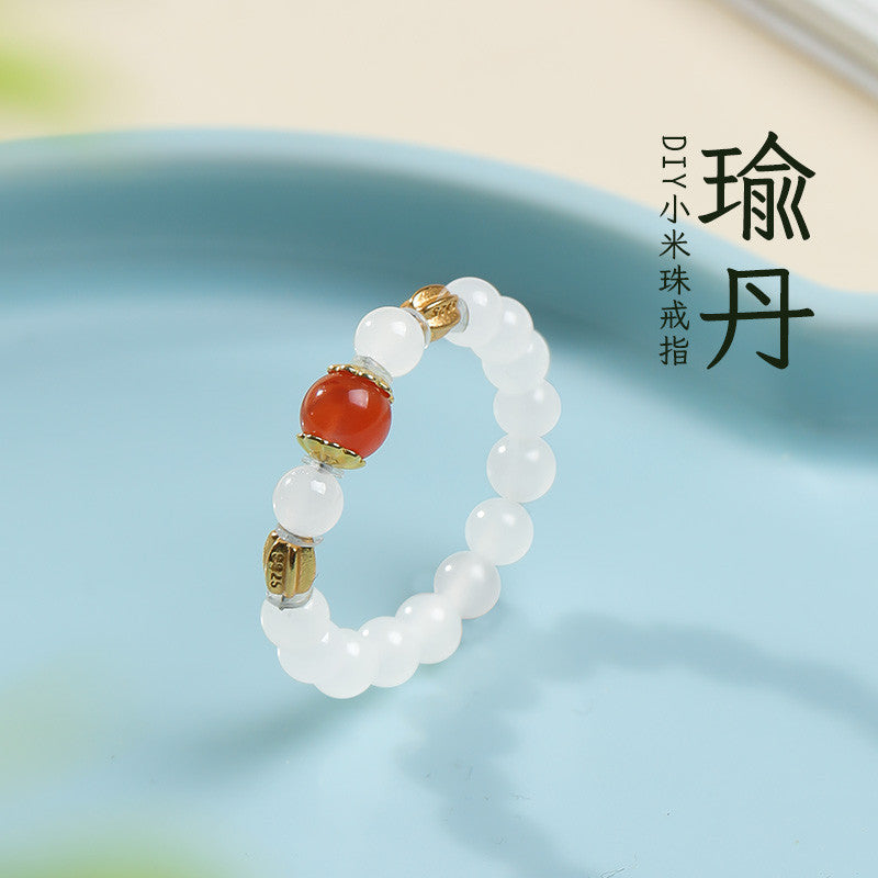 DIY Multi-gem Ring, Small Seed Beads with Jasper, White Jade, Jadeite, Turquoise, Agate, Cinnabar Fashion Adjustable Ring Jewelry