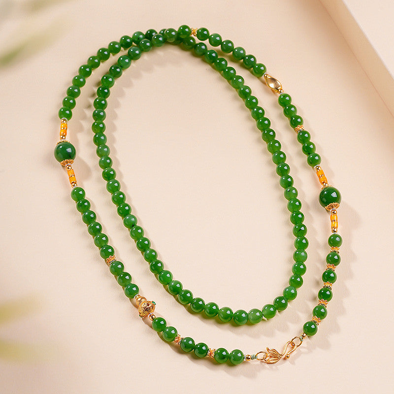 Hetian Jasper Necklace, Bright Green High-oil Round Bead & Gourd Jewelry, Multi-wear Style for Sweater Chain & Bracelet