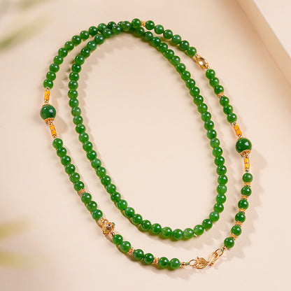 Hetian Jasper Necklace, Bright Green High-oil Round Bead & Gourd Jewelry, Multi-wear Style for Sweater Chain & Bracelet