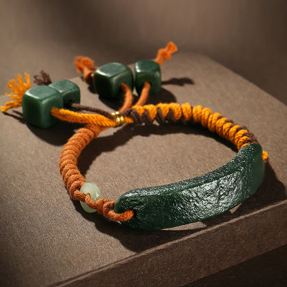 Dark Green Hetian Jade Bracelet for Men, Jade Beads with Brand Hand Rope, Holiday Gift