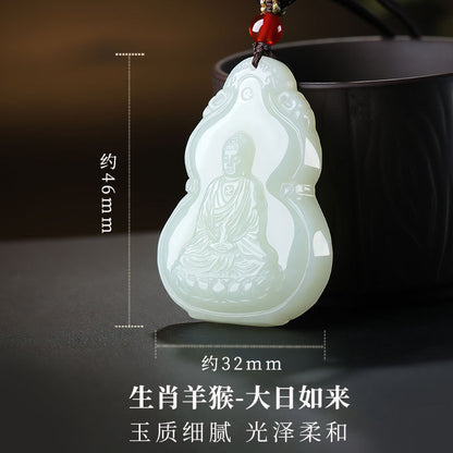 Hetian Jade Pendant, Gourd & Zodiac Patron Buddha Guanyin Charms, Unisex Jade Hanging Ornament