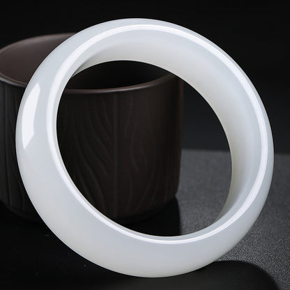 Heritage Grade Hetian Jade Bangle, Creamy White Wide Band Peace Bracelet