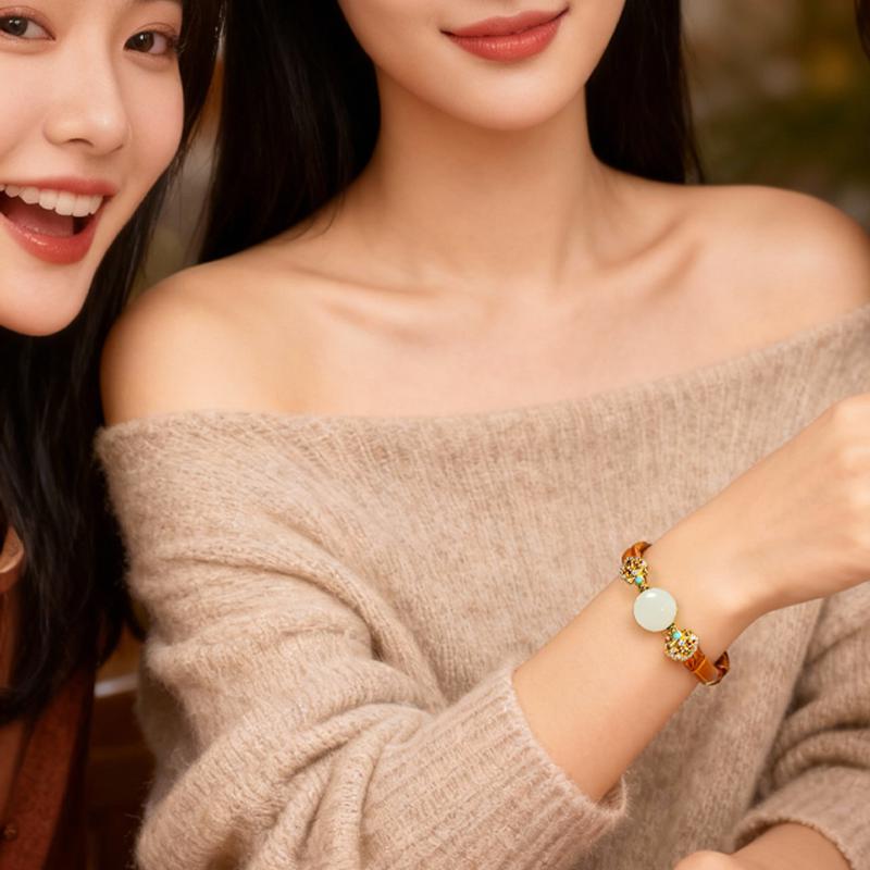 Rotatable Barrel Bead Jade Bracelet, Hetian Jade & Jadeite Wristband with Pixiu, Gift
