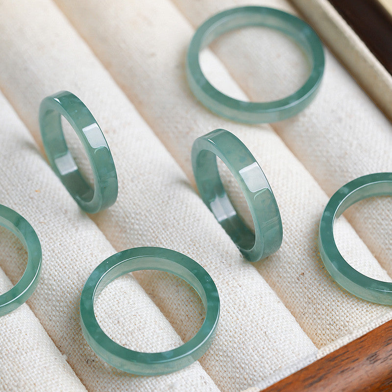 Moist Translucent Blue Water Straight-Cut Jadeite Ring, Women Finger Jewelry Holiday Gift
