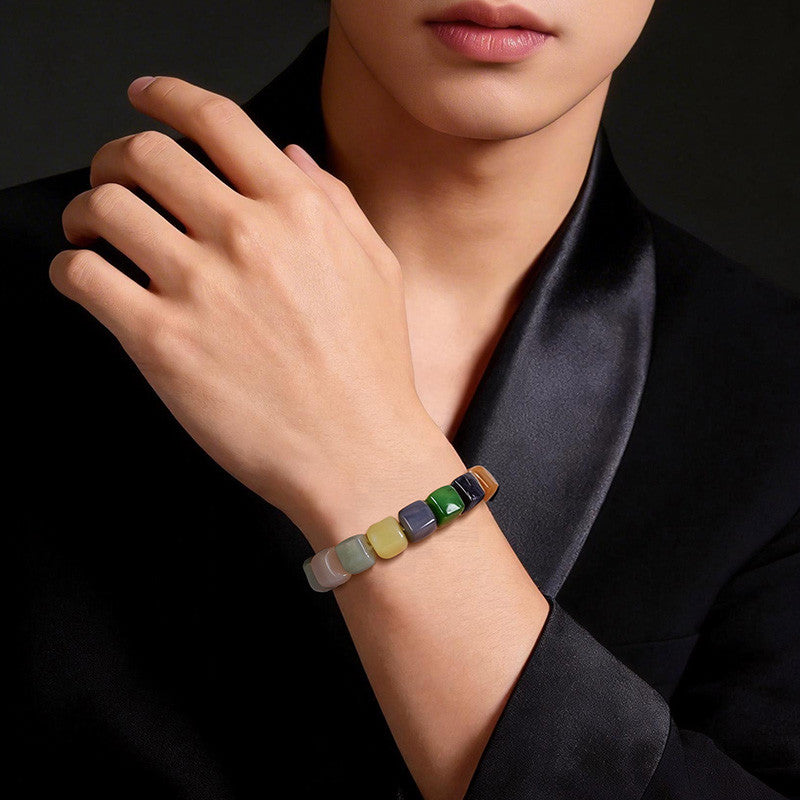 Unisex Hetian Jade Bracelet, Square Multi-Color Mixed Gem Beads, Handheld Bangle, Festival Gift