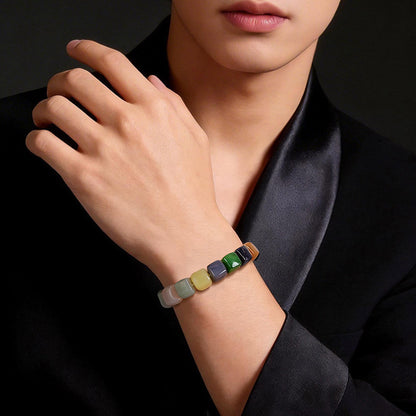 Unisex Hetian Jade Bracelet, Square Multi-Color Mixed Gem Beads, Handheld Bangle, Festival Gift