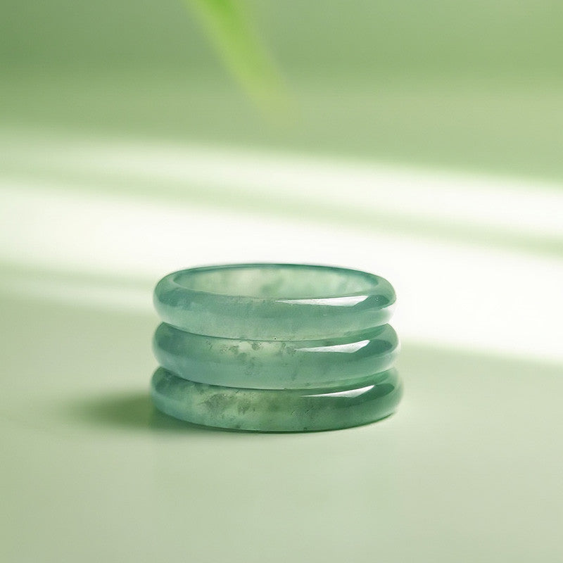 Moist Translucent Jadeite Ring, High-Icy Blue Water Plain Band Ring for Men & Women
