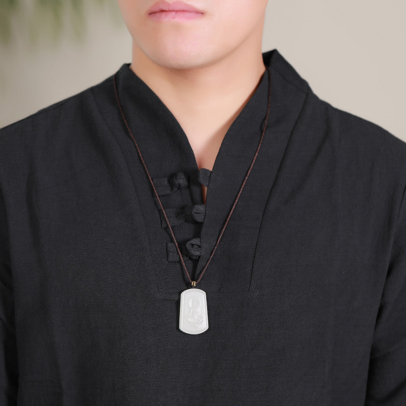 White Hetian Jade Guanyin Peace Plaque Pendant, Men's Jade Ornament