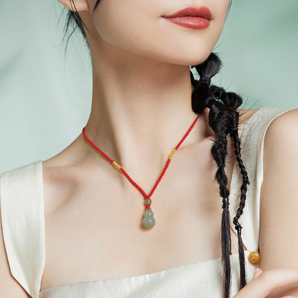 Green Hetian Jade Ruyi Gourd Pendant for Women, Jade Necklace with Red Cord, Premium Gift