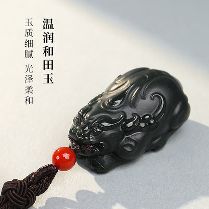 Tower Green Fine Material Hetian Jade Pixiu Pendant, Three-dimensional Divine Beast Cyan Jade Ornament with Certificate