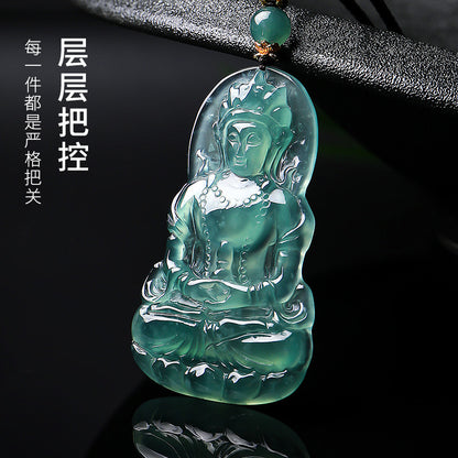 Men's High-Ice Blue Water Emerald Pendant, Tara & Guanyin Jade Charm, Festival Gift