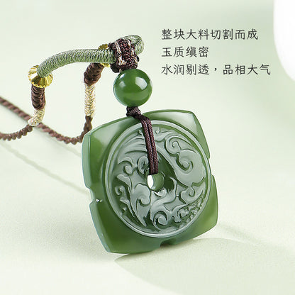 Double-Sided Carved Square Safety Buckle Pendant, Yellow-Green Hetian Jade, Holiday Gift with Cord & Certificate