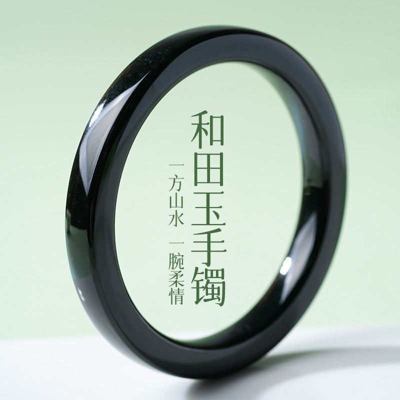 Dark Green Hetian Jade Square Bangle, Holiday Gift for Girlfriend & Mom