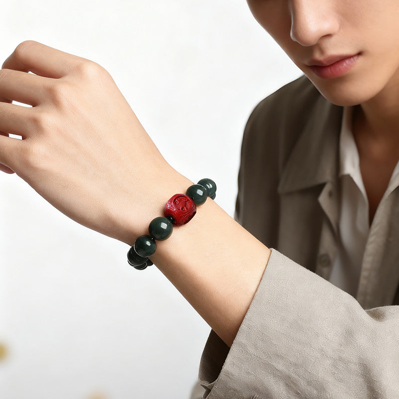 Dark Green Hetian Jade Barrel Bead Bracelet with Cinnabar Pixiu, Unisex Multi-gemstone Lucky Bracelet