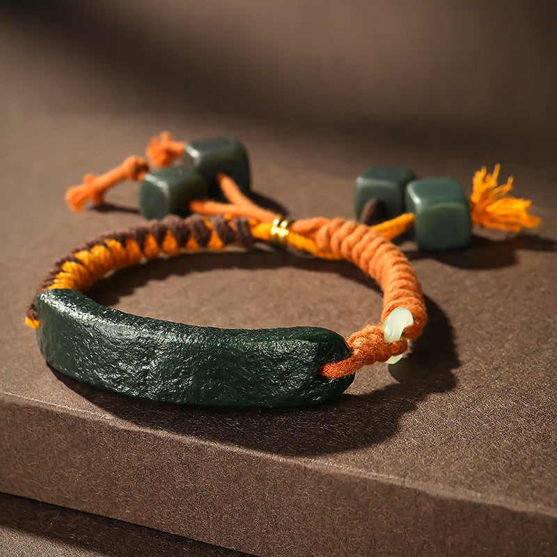 Dark Green Hetian Jade Bracelet for Men, Jade Beads with Brand Hand Rope, Holiday Gift