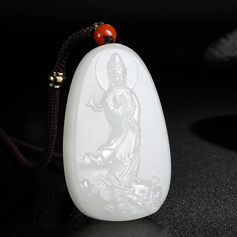 Hetian White Jade Pendant, Dragon-Subduing Guanyin Jade Charm