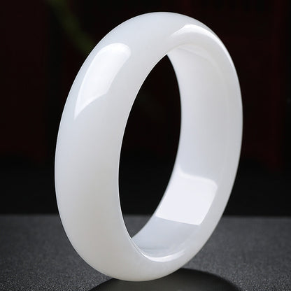 Heritage Grade Hetian Jade Bangle, Creamy White Wide Band Peace Bracelet