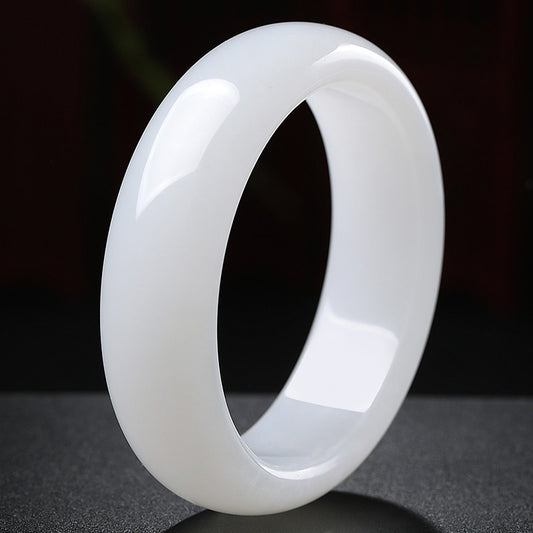 Heritage Grade Hetian Jade Bangle, Creamy White Wide Band Peace Bracelet