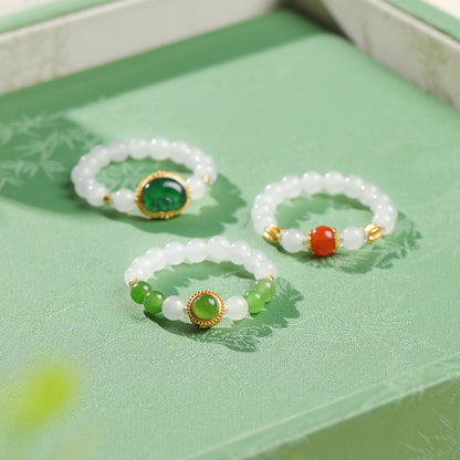 DIY Multi-gem Ring, Small Seed Beads with Jasper, White Jade, Jadeite, Turquoise, Agate, Cinnabar Fashion Adjustable Ring Jewelry