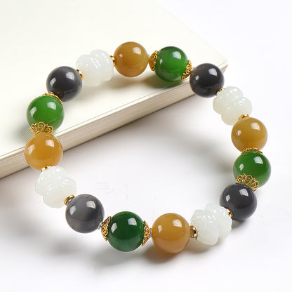 Hetian Jade Multi-Color Beaded Bracelet, Carved White Jade Lotus Bangle, Festival Gift