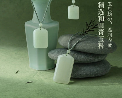 Certified Hetian Jade Ping An Wu Shi Pendant Couple Hand-Knotted Rope Necklace Collectible Jewelry Birthday Gift for Women