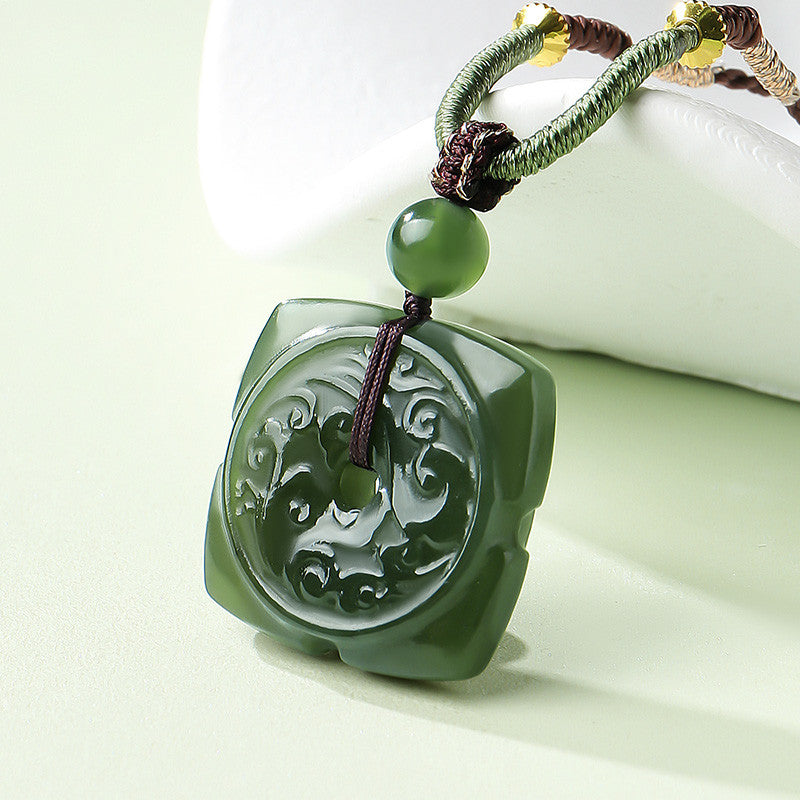 Double-Sided Carved Square Safety Buckle Pendant, Yellow-Green Hetian Jade, Holiday Gift with Cord & Certificate
