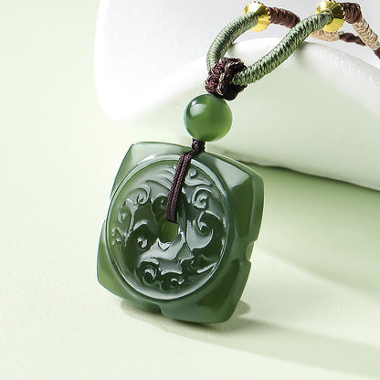 Double-Sided Carved Square Safety Buckle Pendant, Yellow-Green Hetian Jade, Holiday Gift with Cord & Certificate