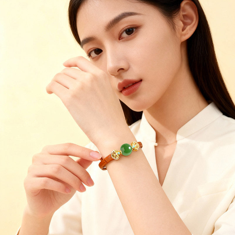 Rotatable Barrel Bead Jade Bracelet, Hetian Jade & Jadeite Wristband with Pixiu, Gift