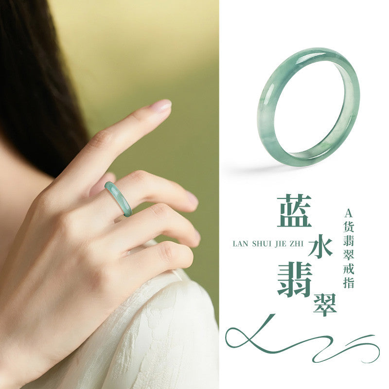 Moist Translucent Jadeite Ring, High-Icy Blue Water Plain Band Ring for Men & Women