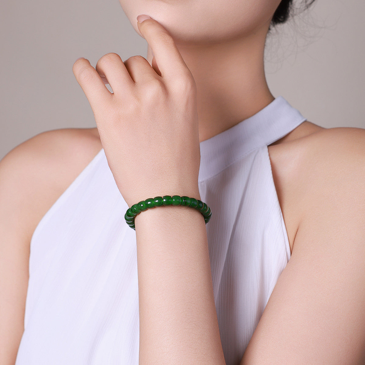 Hetian Jasper Single-loop Bracelet with Straight-cut Beads, Unisex Jade Bangle