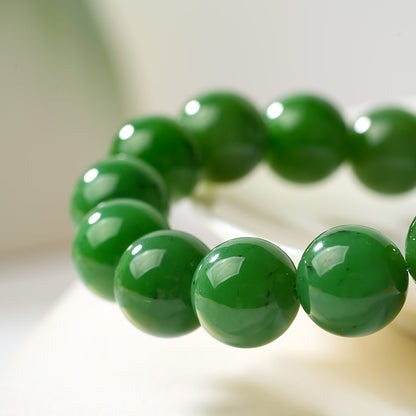 Unisex Spinach Green Hetian Jasper Round Bead Single-loop Bracelet