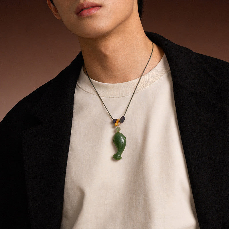 Swim Like Fish in Water｜Yellow-Cyan Hetian Jade Fish Pendant Unisex, With Cord & Certificate