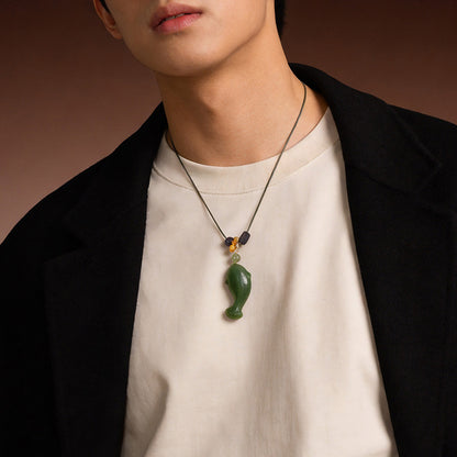 Swim Like Fish in Water｜Yellow-Cyan Hetian Jade Fish Pendant Unisex, With Cord & Certificate