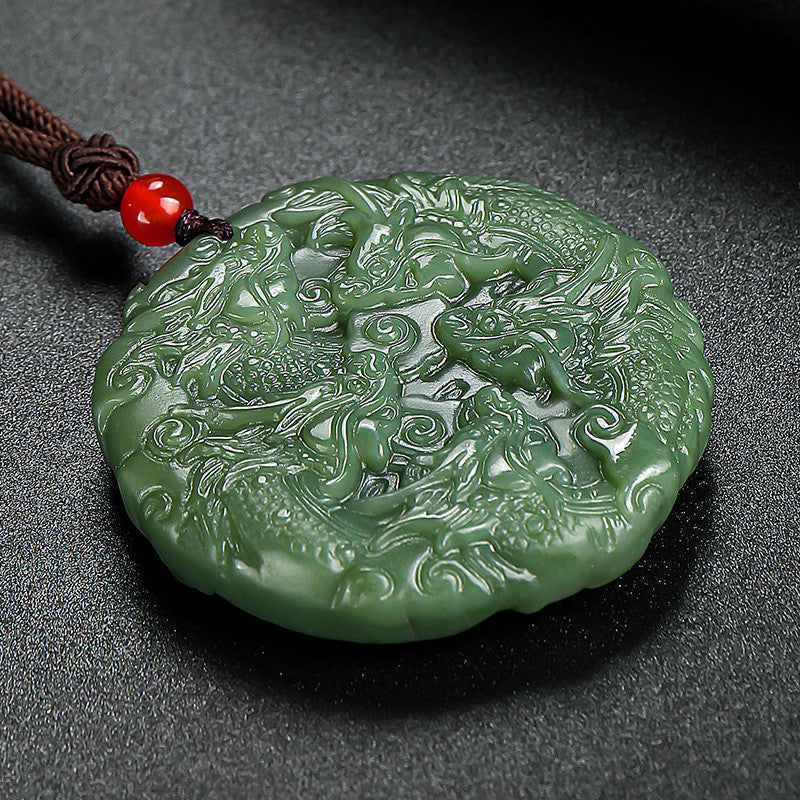 Unisex Hetian Jade Pendant, Double-sided Carved Nine Dragons