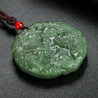 Unisex Hetian Jade Pendant, Double-sided Carved Nine Dragons